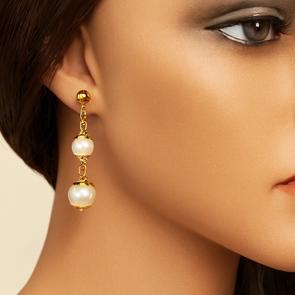 Gold Double Faux Pearl Drop Earrings – Elegant Dangle Statement Jewelry #4